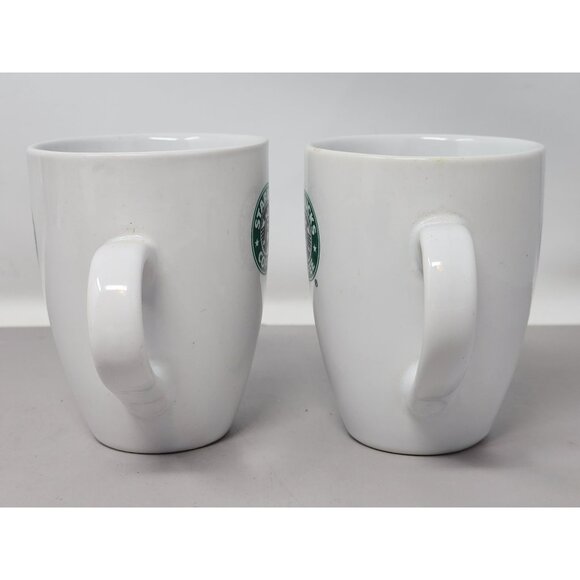 Starbucks Coffee White Ceramic Mugs Set Of 2 With Green Logo 12 Oz Capacity - Picture 2 of 9